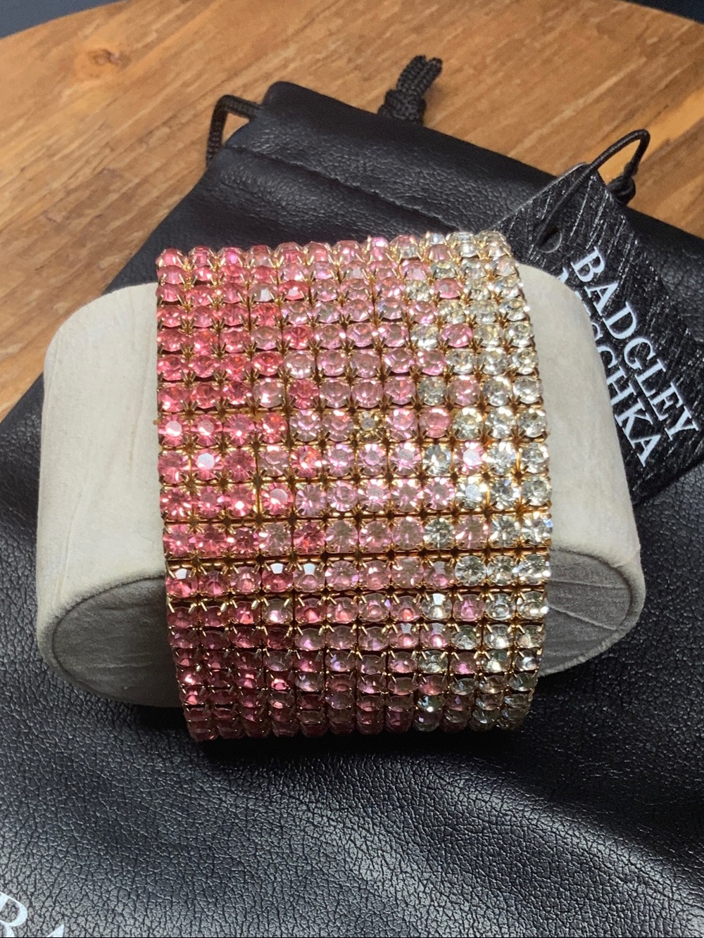 Badgley Mischka Ombre Crystal Pink and Gold Wide Stretchy Bracelet with Bag